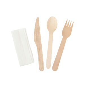 Dynasteel Kit de 4 Pièces - Couverts en Bois : Couteau, Fourchette, Grande Cuillère, Serviette - Lot de 500