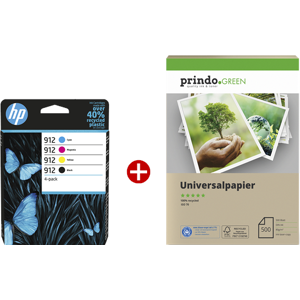 HP 912 Value Pack Noir(e) / Cyan / Magenta / Jaune Original + Prindo Green Recyclingpapier 500 Blatt