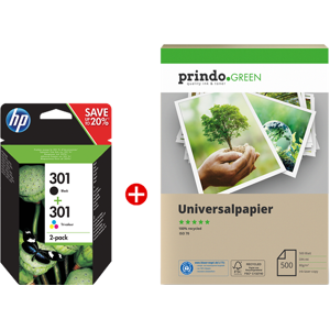 HP 301 Value Pack Noir(e) / Plusieurs couleurs Original + Prindo Green Recyclingpapier 500 Blatt