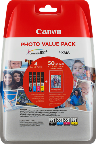 Canon 6508B005 Value Pack Noir(e) / Cyan / Magenta / Jaune Original CLI-551 Photo Value Pack