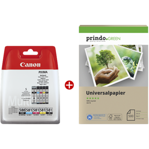 Canon + Prindo Green Recyclingpapier 500 Blatt Value Pack Noir(e) / Cyan / Magenta / Jaune Original PGI-580+CLI-581 MCVP
