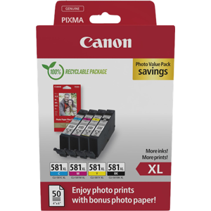 Canon + 10x15 cm Fotoglanzpapier Plus II 50 Blatt Value Pack Noir(e) / Cyan / Magenta / Jaune Original CLI-581 XL