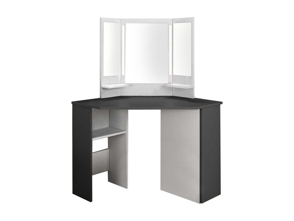 Vente-unique Coiffeuse d'angle avec miroir à LEDs et rangements - Blanc et gris - CHARLENE