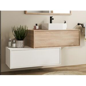 Vente unique Meuble de salle de bain suspendu blanc et naturel clair avec simple vasque et deux tiroirs 94 cm TEANA II