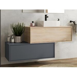 Vente unique Meuble de salle de bain suspendu naturel clair et anthracite avec simple vasque et deux tiroirs 94 cm TEANA II