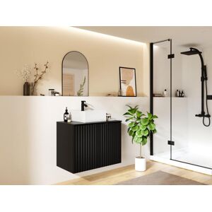 Vente unique Meuble de salle de bain suspendu strie avec vasque a poser Noir L80 cm ZILGA