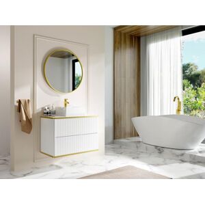 Vente-unique Meuble de salle de bain suspendu strie lisere dore avec vasque a poser - Blanc - 80 cm - KELIZA