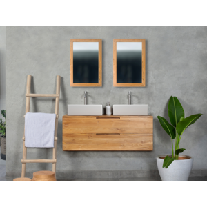 Vente unique Meuble de salle de bain suspendu en teck clair avec double vasque 2 tiroirs 115 cm BIMBING