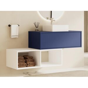 Vente unique Meuble de salle de bain suspendu avec vasque carree 1 tiroir bleu et 2 niches blanches 94 cm TEANA II