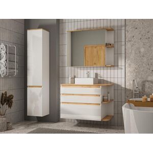 Vente unique Meuble de salle de bain suspendu bois et blanc avec simple vasque colonne et armoire de toilette 94 cm ANIDA