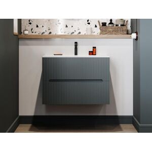 Vente-unique Meuble sous vasque suspendu strié gris - 80 cm - PAVANI