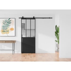 Vente-unique Porte coulissante atelier en applique - Noir et verre trempe - H205 x L63 cm - ARTISTO II