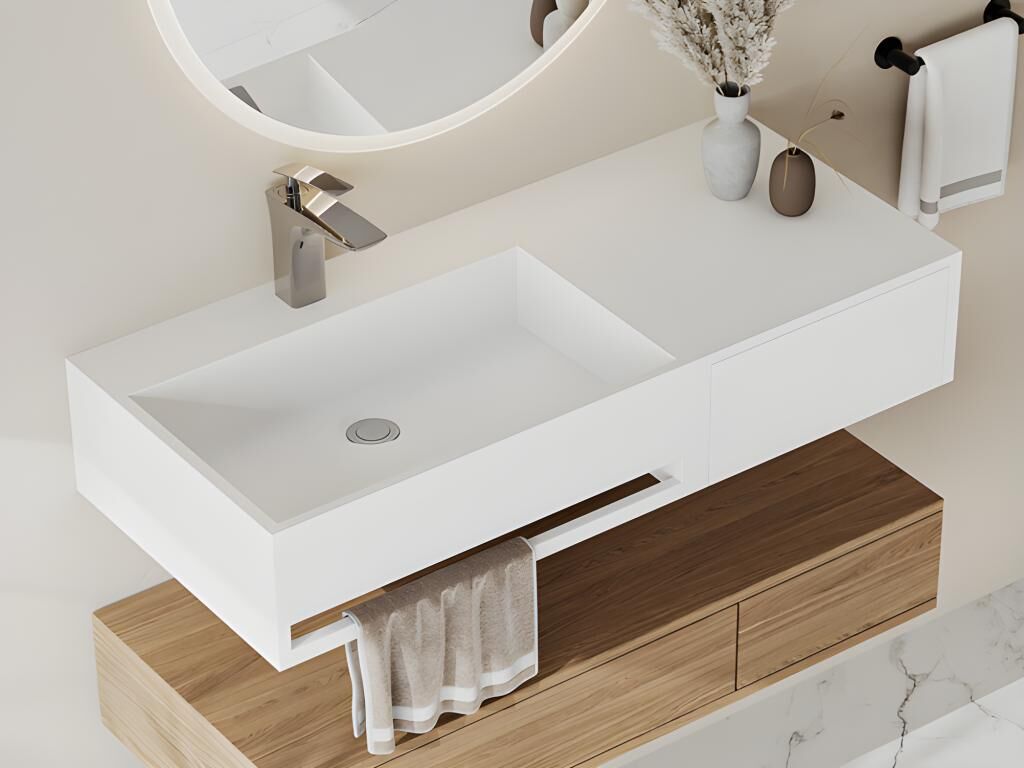 Shower & Design Plan vasque suspendu en solid surface avec porte serviettes - Blanc - L90 x l40 x H17 cm - GANDAKI