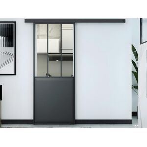 Vente-unique Porte coulissante atelier en applique - Noir et verre trempé - H205cm x L73cm - ARTISTO