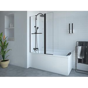 Vente-unique Pare baignoire avec porte-serviette et retour pivotant noir mat - (70 + 30) x 140 cm - PRIMAEL - Publicité