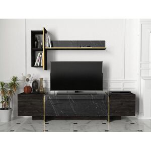 Vente-unique Ensemble TV avec rangements - Effet marbre noir, naturel foncé et doré - CADEBA II