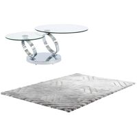 Vente-unique Ensemble table basse plateau pivotant transparent JOLINE et tapis shaggy gris MAZE