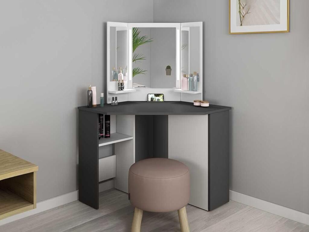 Vente-unique Coiffeuse d'angle avec miroir à LEDs et rangements - Blanc et gris - CHARLENE