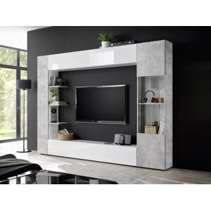 Vente-unique Mur TV SIRIUS avec rangements - Coloris : Blanc laque et beton