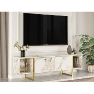 Vente-unique Meuble TV 2 portes et 2 etageres - Effet marbre blanc et Dore - DERANA