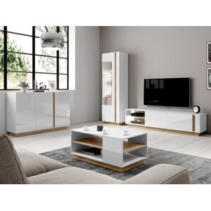 Vente-unique Meuble TV MURARI - 2 portes et 2 niches - Avec LEDs - Blanc brillant et chene