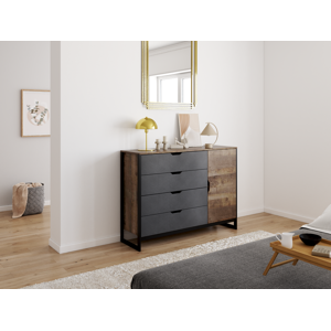 Vente-unique Commode LAONILE - 1 porte et 4 tiroirs - Noyer et anthracite