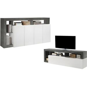 Vente unique Ensemble Buffet et Meuble TV Blanc laque et beton Sejour contemporain SEFRO