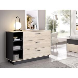 Vente-unique Commode 3 tiroirs et 3 niches - Coloris : Naturel et anthracite - LEANDRE