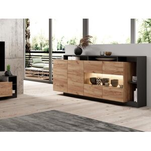 Vente unique Buffet 4 portes et 4 niches avec LEDs Naturel clair et Anthracite IDESIA