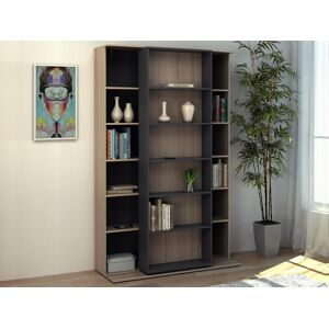 Vente unique Bibliotheque coulissante avec 18 niches Naturel et anthracite PRALI