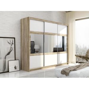 Vente unique Armoire 3 portes coulissantes Avec miroir L250 cm Coloris Naturel et blanc LEOVIA