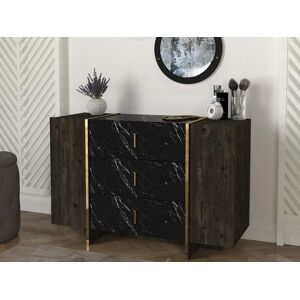 Vente-unique Commode 3 tiroirs et 2 portes - Effet marbre noir, naturel fonce et dore - CADEBA