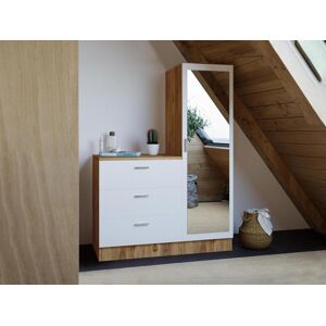 Vente-unique Commode 3 tiroirs avec armoire et miroir - Blanc et naturel - VITORIO