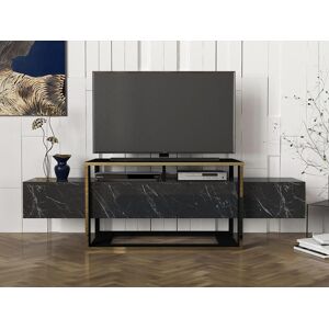 Vente unique Meuble TV avec 2 niches Effet marbre noir et dore COMEBI II