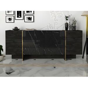 Vente-unique Buffet avec 4 portes - Effet marbre noir, naturel fonce et dore - CADEBA II