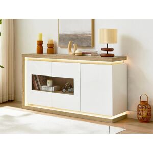 Vente-unique Buffet 3 portes et 1 niche avec LEDs en MDF et verre trempe - Naturel et blanc laque - FLARANCIA