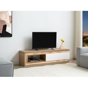 Vente-unique Meuble TV 1 tiroir et 1 niche avec LEDs en MDF - Naturel et Blanc laque - FLARANCIA