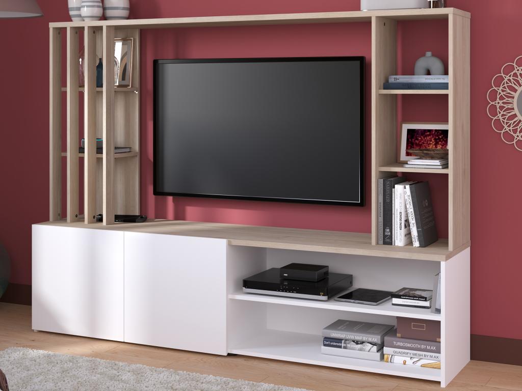 Vente-unique Mur TV avec rangements - Naturel et blanc - GORBELLA