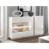 Vente-unique Buffet MURARI – 3 portes – Avec LEDs – Blanc brillant et chêne