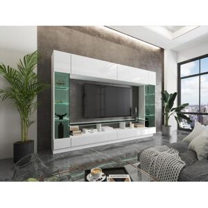 Vente-unique Mur TV avec rangements et LEDs en verre trempé fumé - Blanc laqué - BRIANO