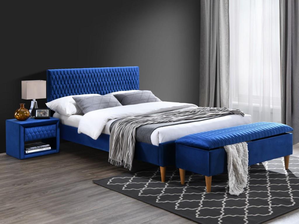 Vente-unique Lit 140 x 190 cm avec tête de lit avec coutures - Velours - Bleu - DANIELE
