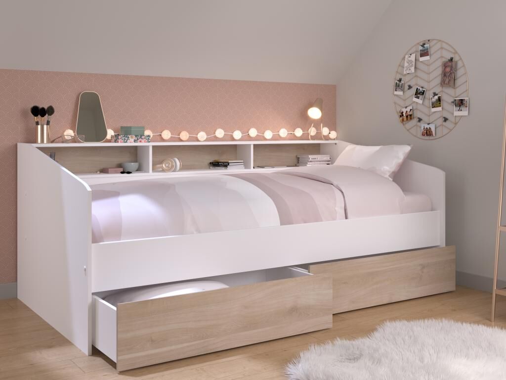 Vente-unique Lit 90 x 190/200 cm avec rangements - Blanc et naturel - PAULETTE