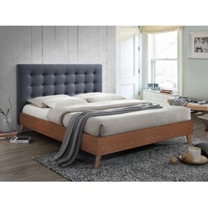 Vente unique Lit 140 x 190 cm avec tete de lit capitonnee Tissu Gris Matelas FRANCESCO