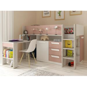 Vente unique Lit combine 90 x 200 cm Avec bureau et rangements Rose naturel et blanc Matelas LOUKALA