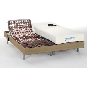 Vente-unique.com Lit electrique relaxation tout plots matelas memoire de forme HESIODE III de DREAMEA - moteurs OKIN - chene naturel - 2 x 70 x 190 cm