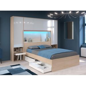 Vente-unique Lit pont 140 x 190 cm avec rangements - avec LEDs - Coloris : Naturel et blanc brillant + Sommier + Matelas - VELONA