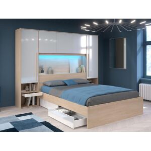 Vente unique Lit pont 160 x 200 cm avec rangements avec LEDs Coloris Naturel et blanc brillant Sommier Matelas VELONA