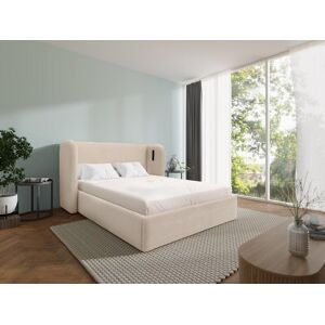 Vente unique Lit coffre 160 x 200 cm avec tete de lit incurvee Avec LEDs Tissu Beige STOKALI