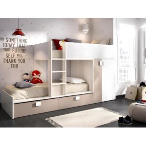 Vente unique Lits Superposes 2 x 90 x 190 cm Armoire integree Blanc naturel et taupe matelas JUANITO