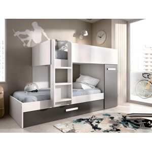 Vente unique Lits superposes avec tiroir lit gigogne et rangements 3 x 90 x 190 cm Anthracite et Blanc matelas ANTHONY